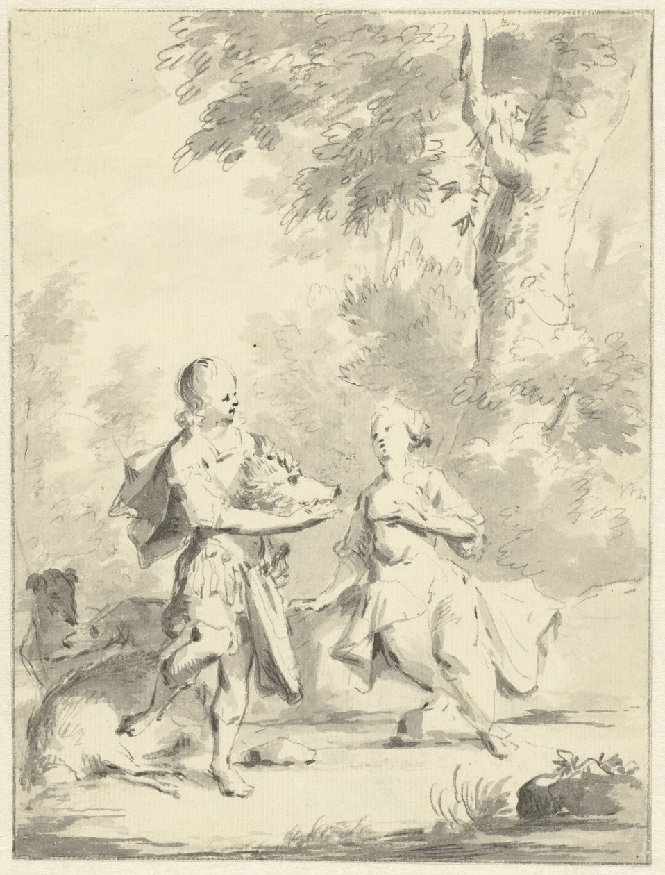 Meleagro le da a Atalante la cabeza del jabalí de Calidón. de Aert Schouman