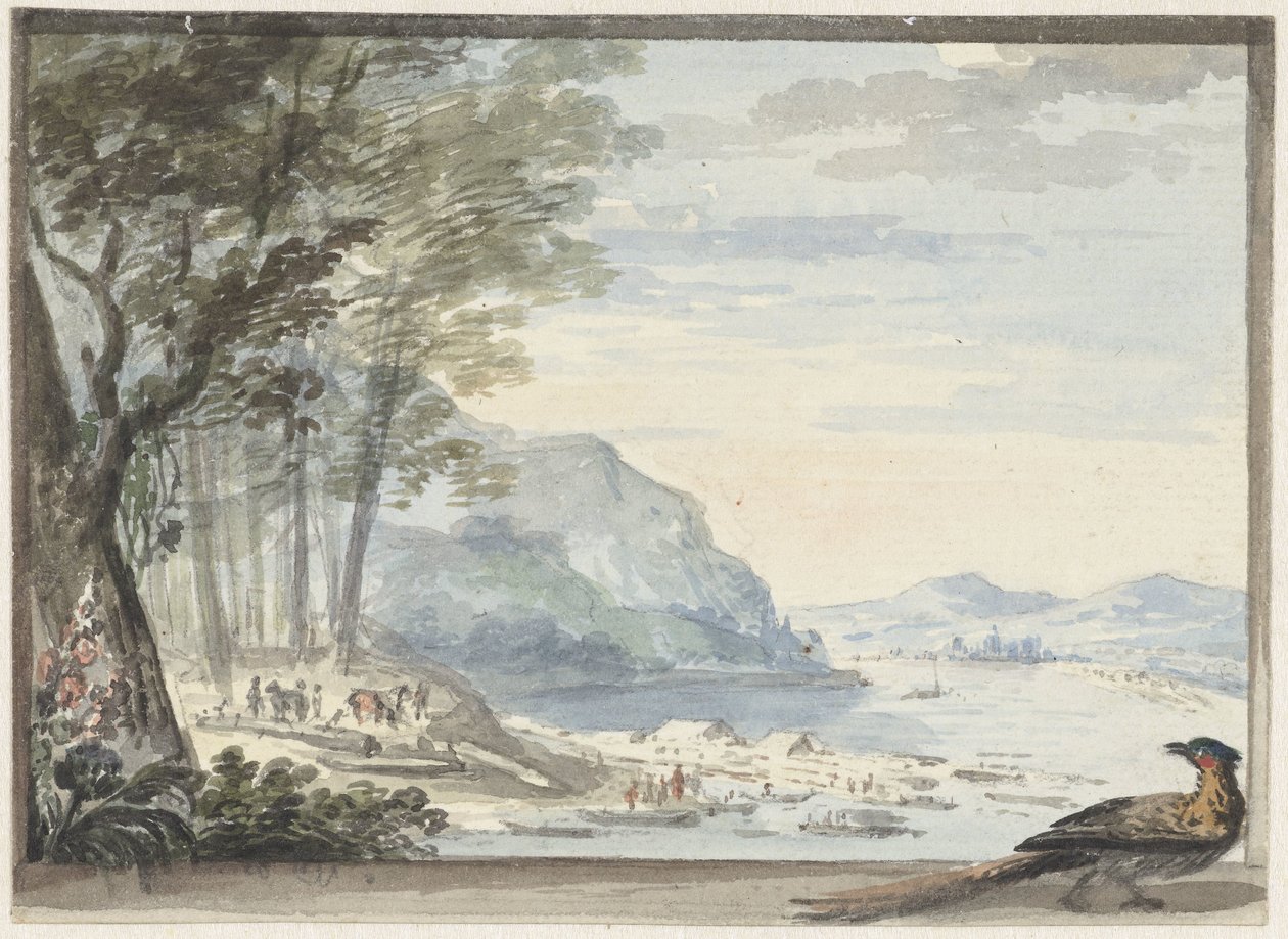 Paisaje fluvial con un ave en primer plano de Aert Schouman
