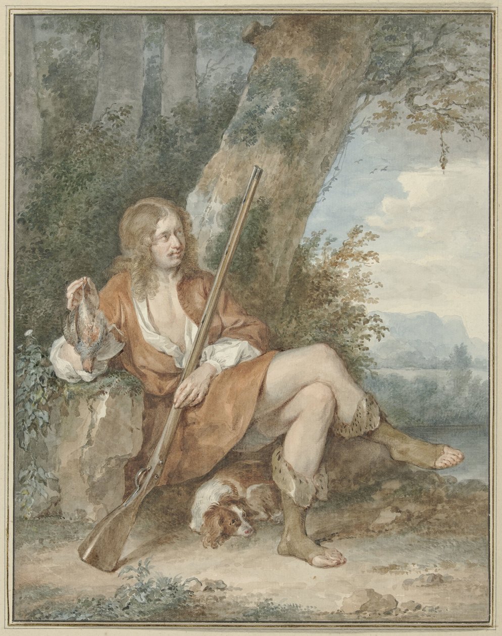 Cazador descansando con un mosquete y una perdiz, cerca de un árbol de Aert Schouman