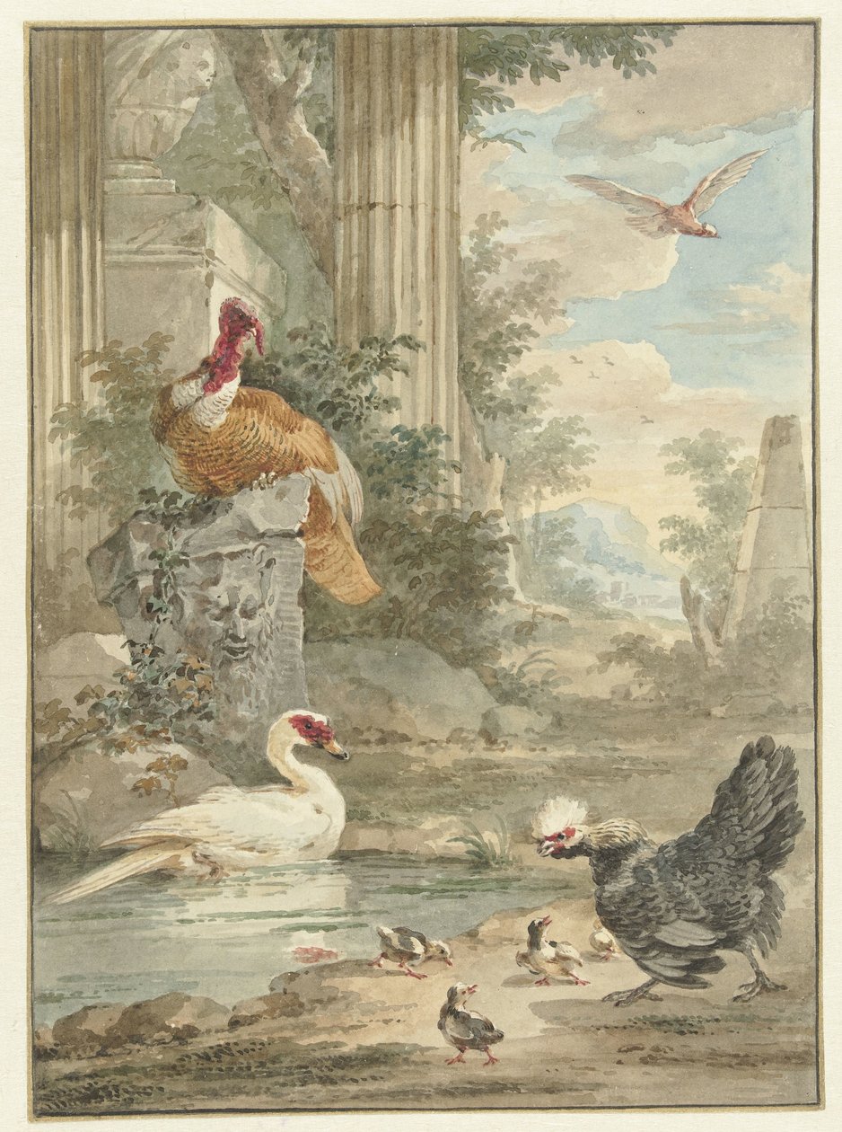 Pavos y otras aves cerca de las ruinas clásicas en un parque de Aert Schouman