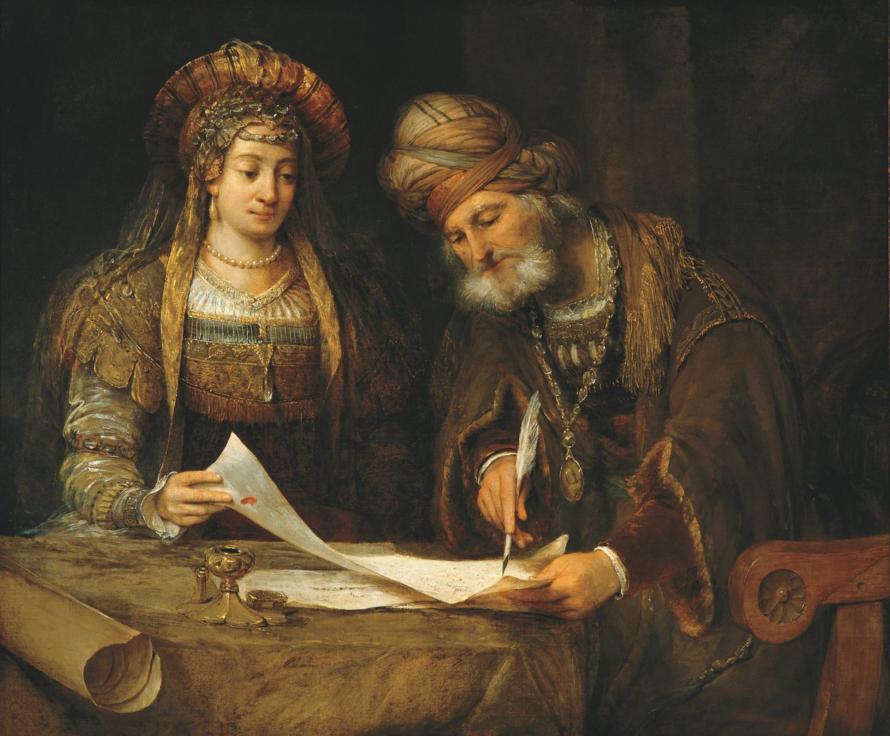 Ester y Mardoqueo Escribiendo la Primera Carta de Purim, c.1675 de Aernt de Gelder