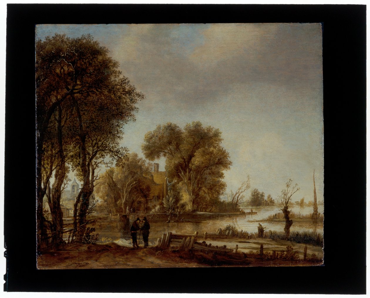 Paisaje fluvial con hombres conversando en una pista de Aert van der Neer