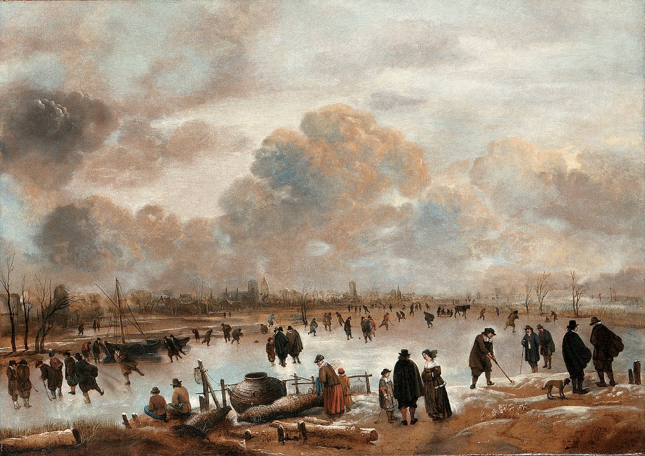 Un paisaje invernal con patinadores y habitantes del pueblo en un canal congelado de Aert van der Neer