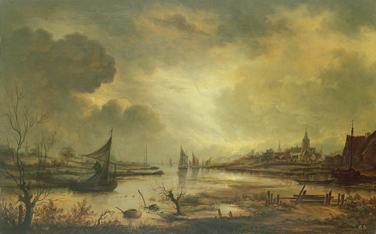 Ciudad Holandesa en un Río a la Luz de la Luna de Aert van der Neer