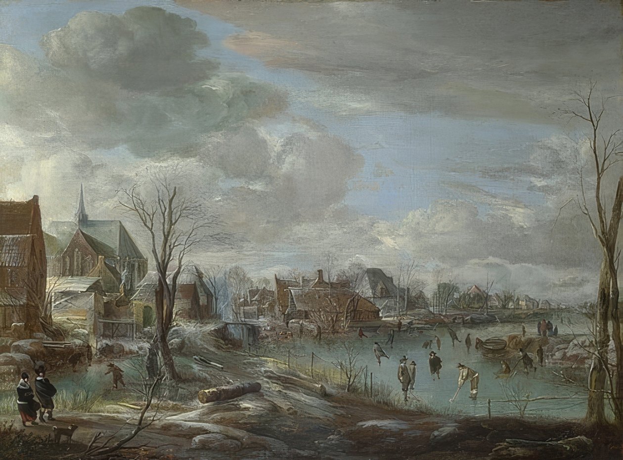 Un río congelado cerca de una ciudad con jugadores de golf y patinadores de Aert van der Neer