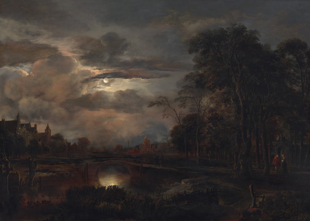 Paisaje nocturno con puente de Aert van der Neer