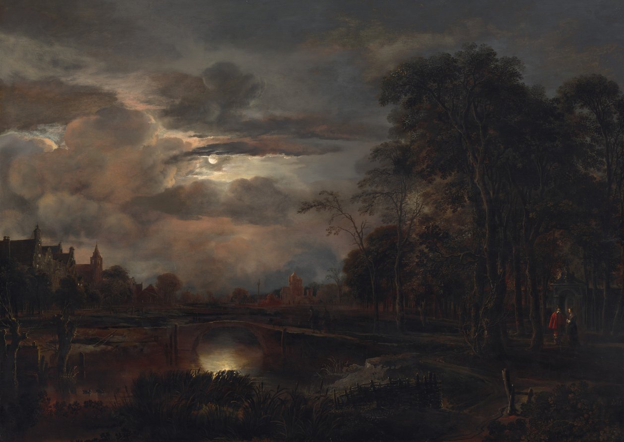 Paisaje a la luz de la luna con puente de Aert van der Neer