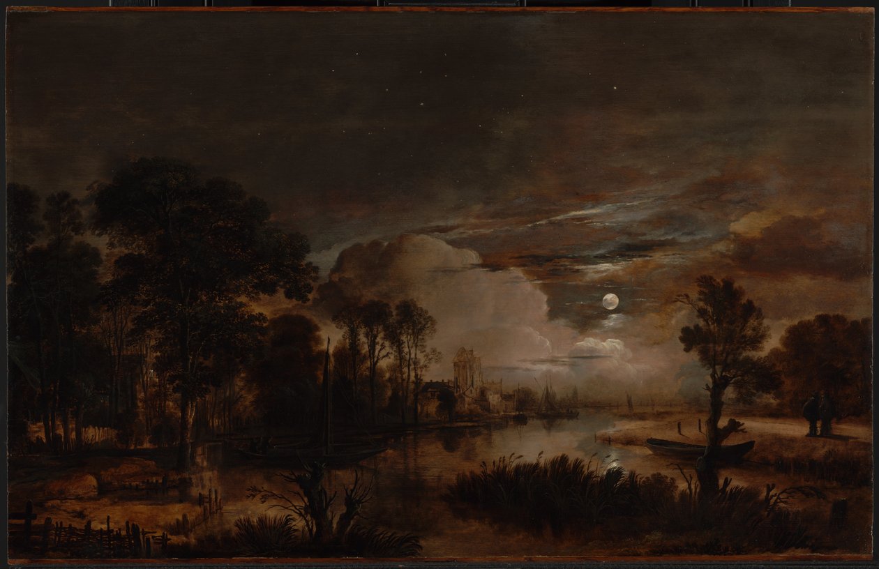 Paisaje iluminado por la luna con vistas al río Nuevo Amstel y al castillo de Kostverloren de Aert van der Neer