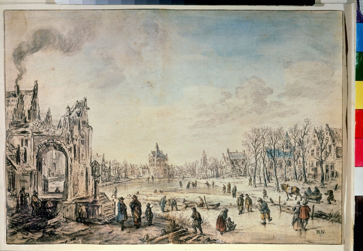 Paisaje de invierno con patinadores. Dibujo de Aert Van der Neer (1603-1677) de Aert van der Neer
