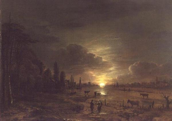Paisaje fluvial con luna creciente de Aert van der Neer