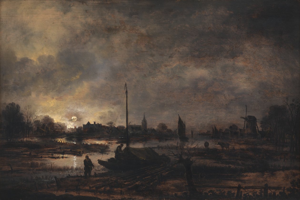 La luna saliendo sobre un pueblo de Aert van der Neer