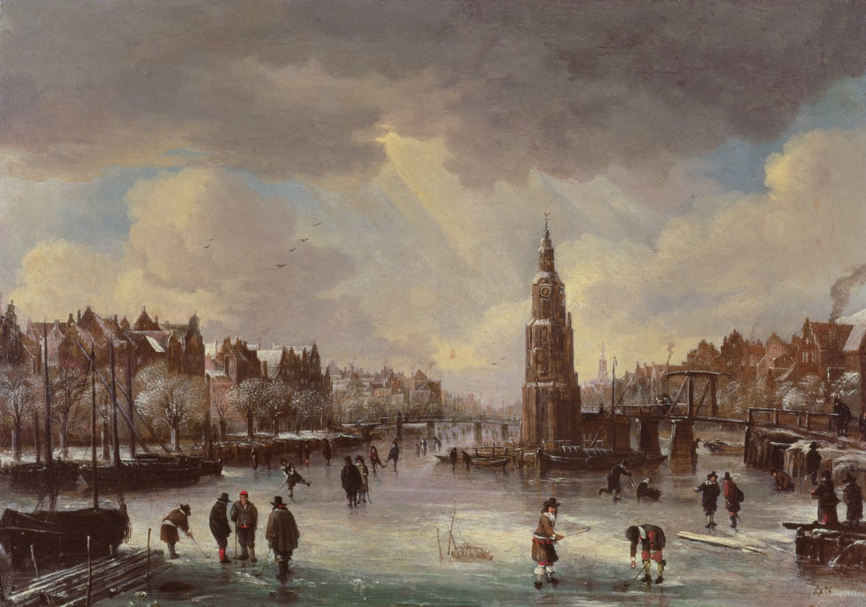 Pueblo en un río congelado de Aert van der Neer