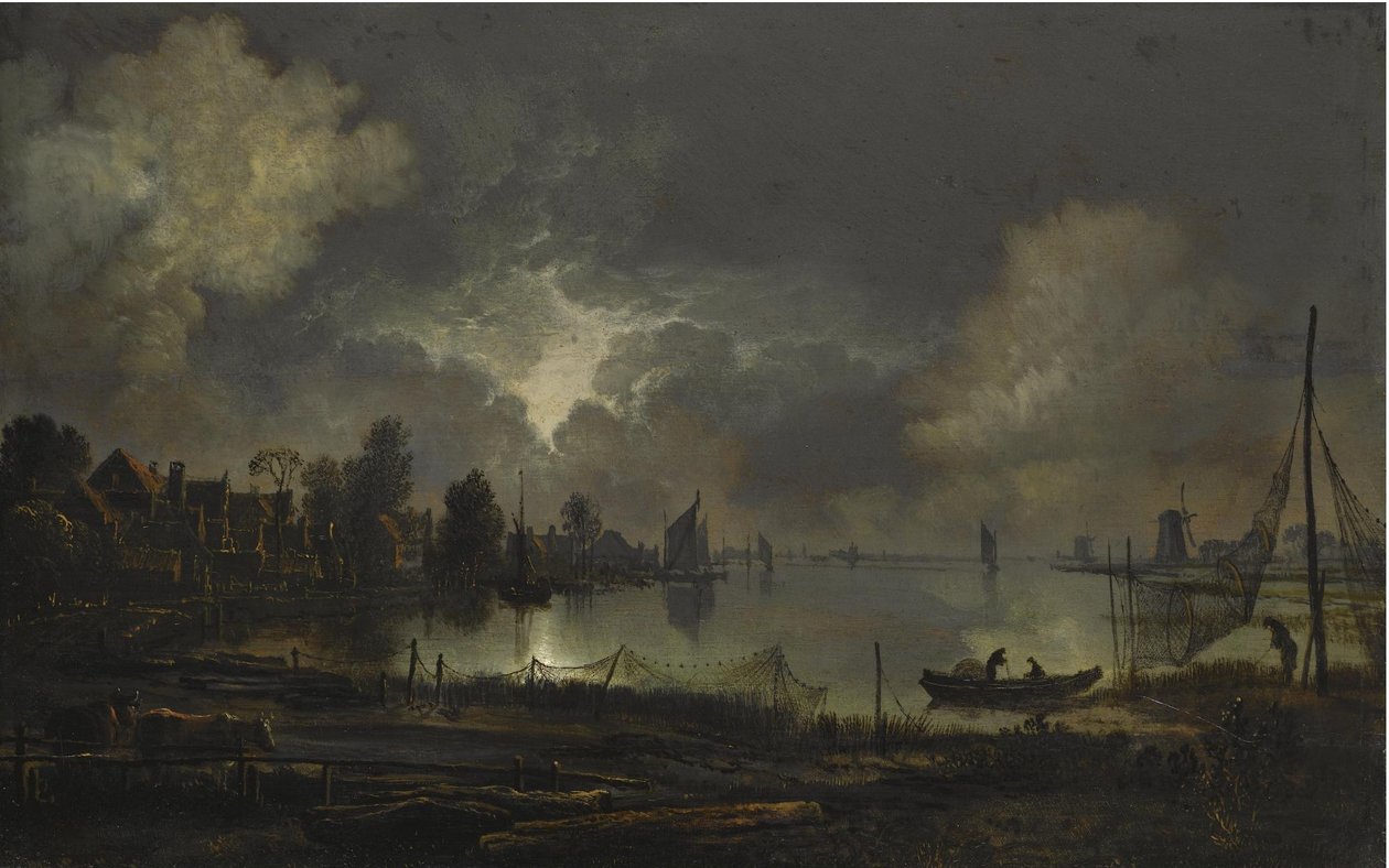 Vista de una ciudad lacustre a la luz de la luna, con redes tendidas a secar de Aert van der Neer