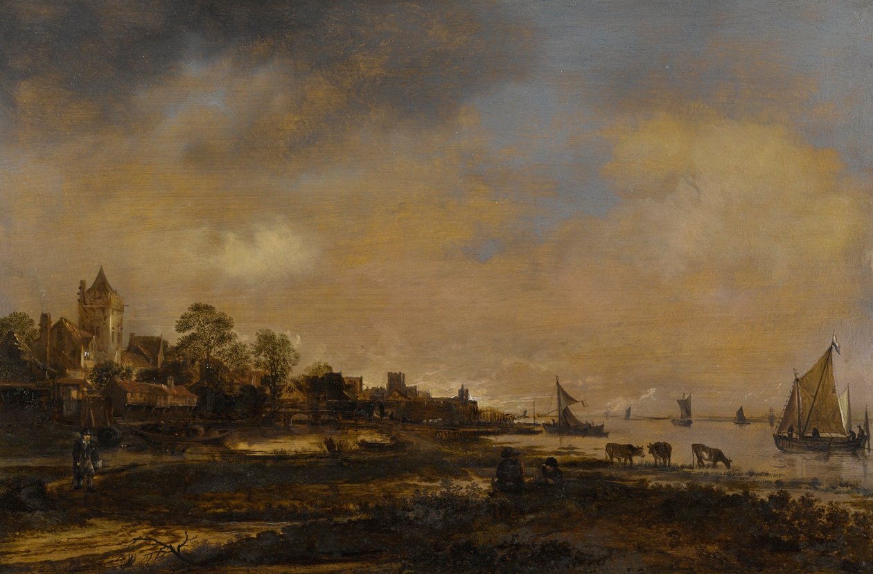 Amplio paisaje fluvial con castillo y pueblo de Aert van der Neer