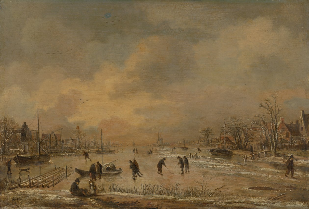 Paisaje invernal con casas de Aert van der Neer