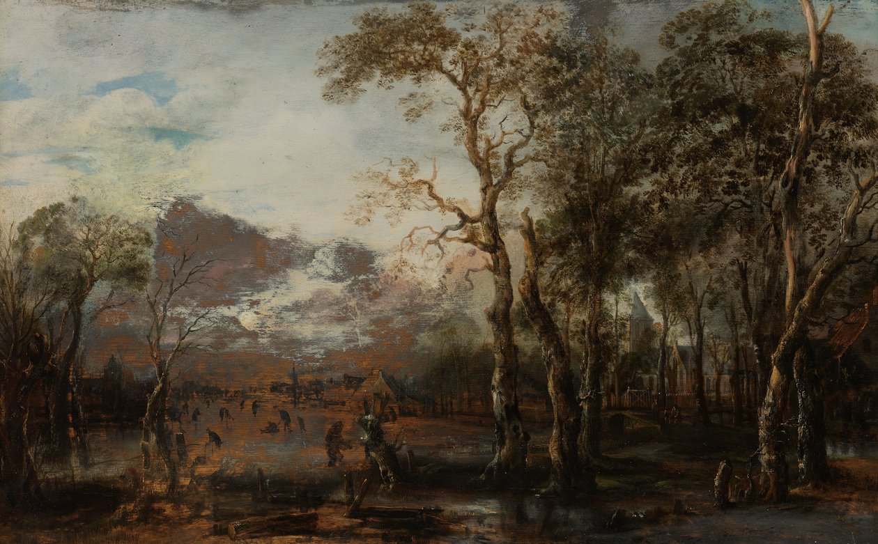 Paisaje arbolado con cazador/paisaje de invierno de Aert van der Neer