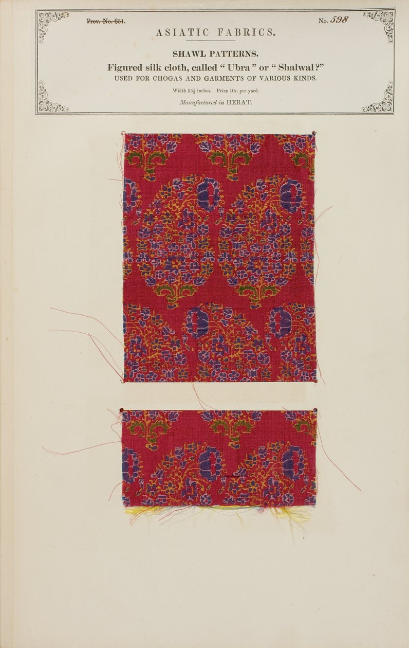 Muestra de tela de seda con dibujos hecha en Herat, de La Colección de los Fabricantes de Textiles de la India, por John Forbes Watson, publicada en 1866 de Afghan School