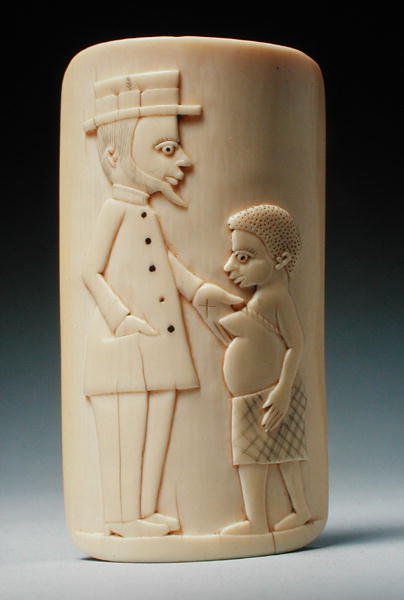 Placa con figuras de un hombre europeo y una mujer africana, Congo de African