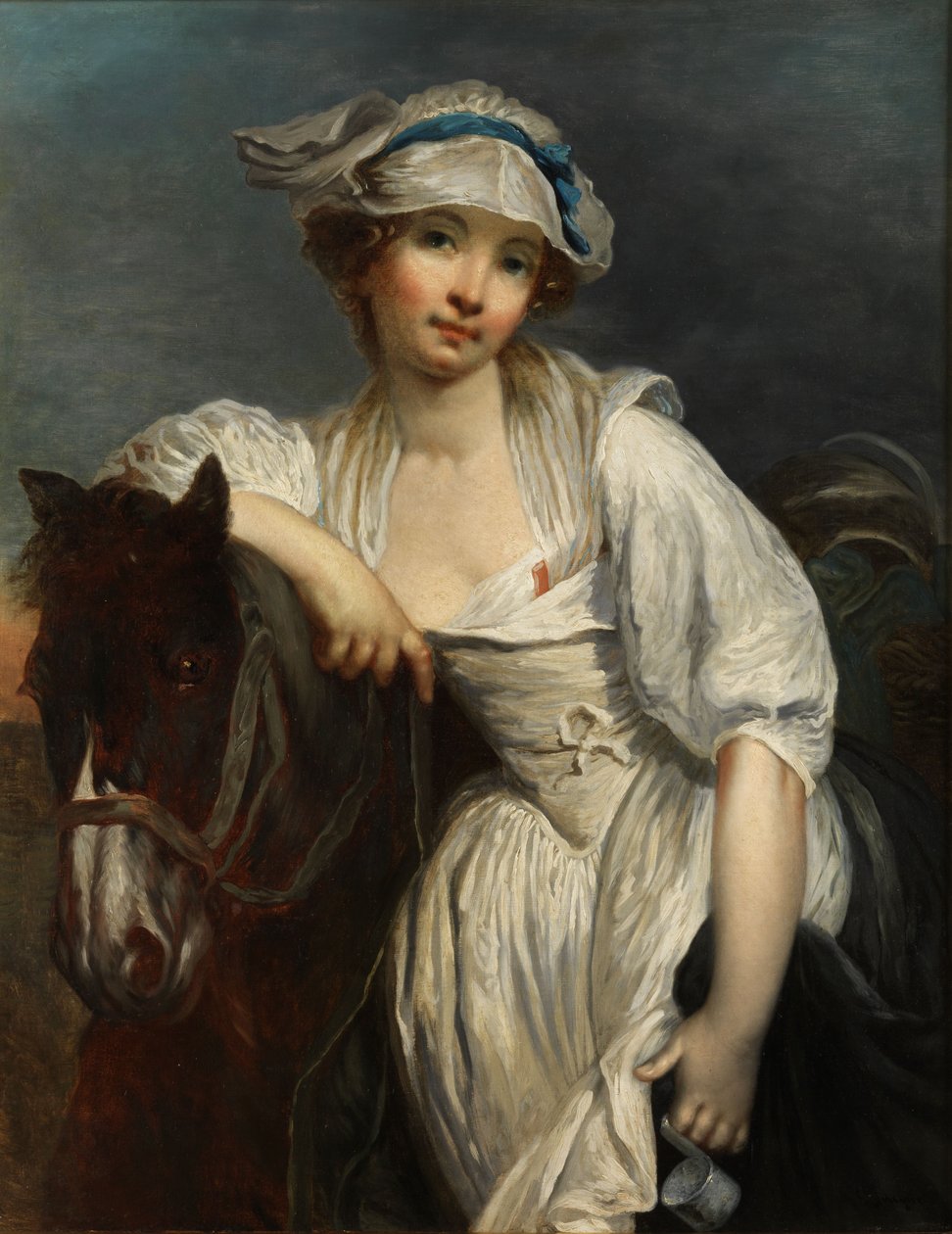 Joven muchacha apoyada en el cuello de un caballo de After Jean-Baptiste Greuze