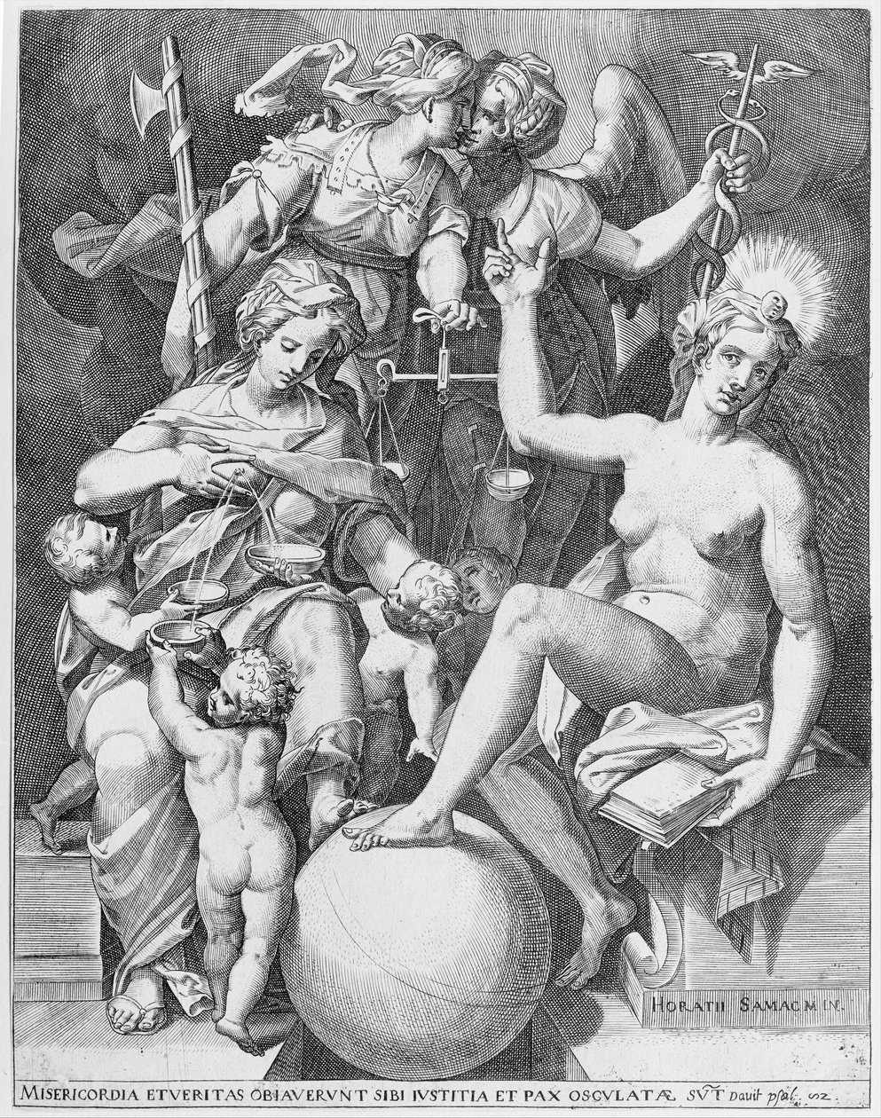 Alegoría del Salmo de David, Misericordia sentada a la izquierda alimentando a cuatro niños, 1579 de After Agostino Carracci.