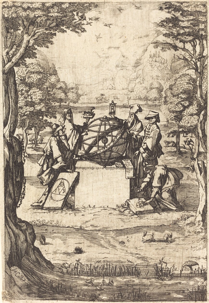 Portada de la Sagrada Cosmología (Título con astrólogos) de After Jacques Callot