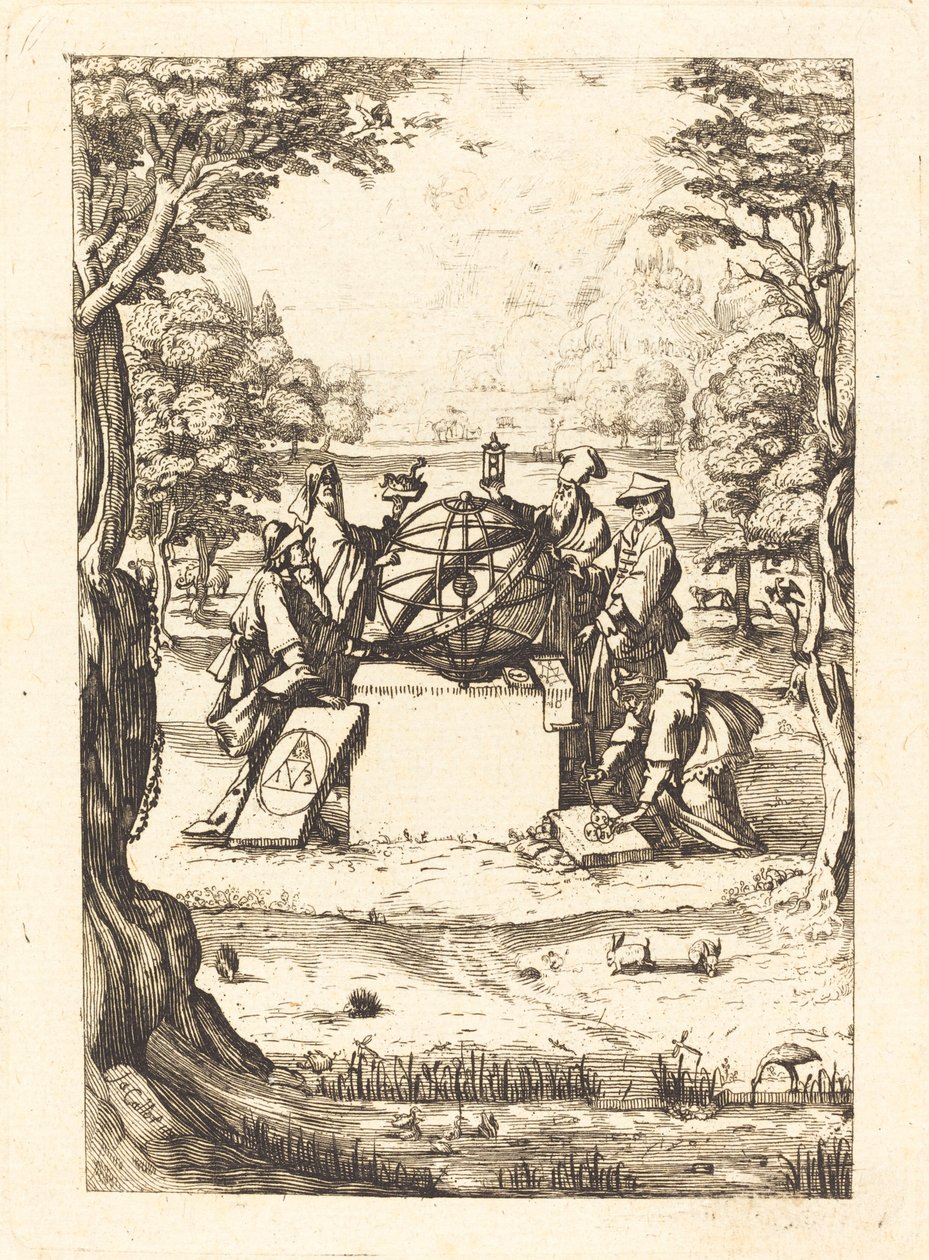 Frontispicio para la Sagrada Cosmología (Título con astrólogos) de After Jacques Callot