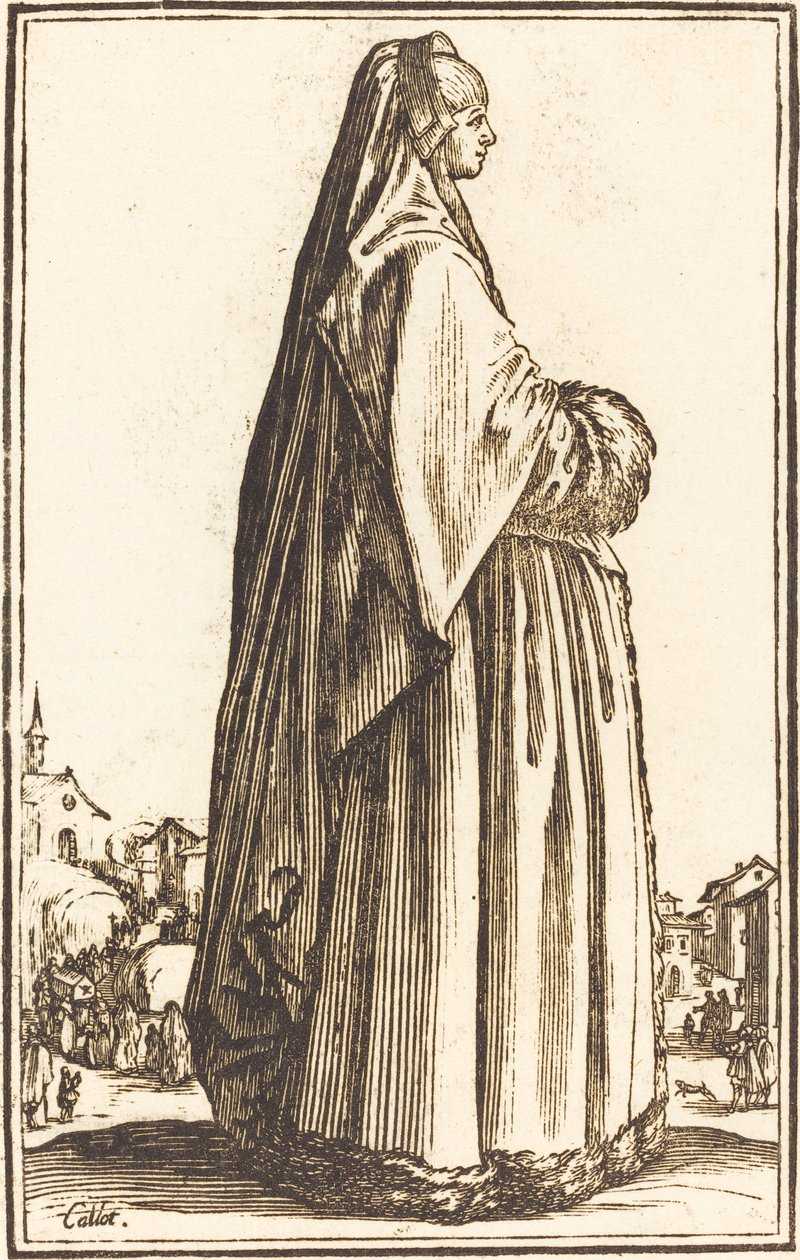 Mujer noble con velo y vestido adornado con piel de After Jacques Callot