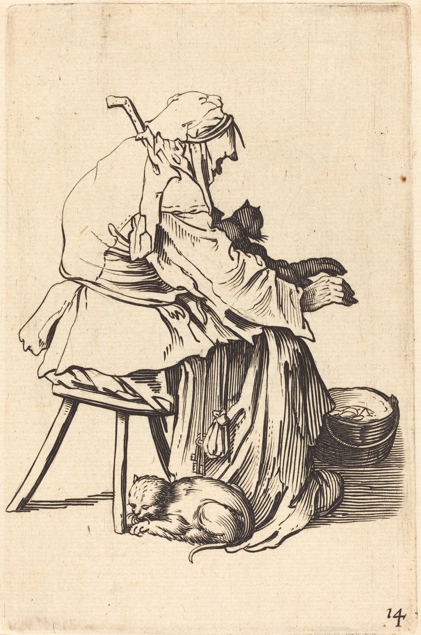 Anciana con gatos de After Jacques Callot