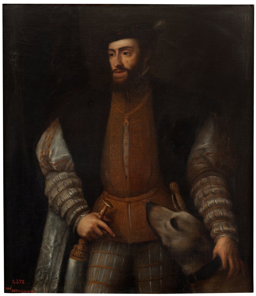 Spanish:  El emperador Carlos V con un perro The Emperor Charles V with a Dog de after Titian