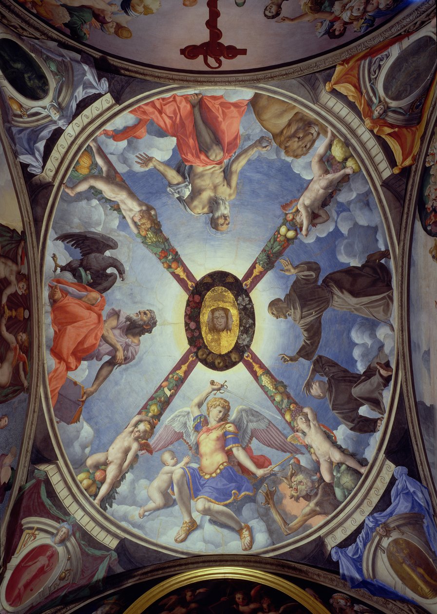 El techo de la Capilla de Eleonora de Toledo que representa a San Miguel Arcángel conquistando a Satanás; San Juan Evangelista; San Jerónimo; y San Francisco recibiendo los estigmas, 1555 de Agnolo Bronzino