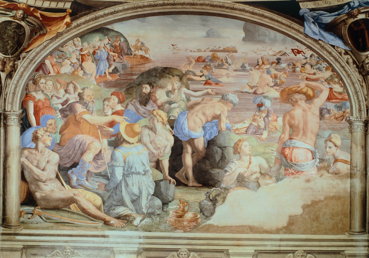 Cruzando el Mar Rojo, fresco por Agnolo Bronzino. Capilla de Eleonora de Toledo, Palazzo Vecchio, Florencia, Italia de Agnolo Bronzino