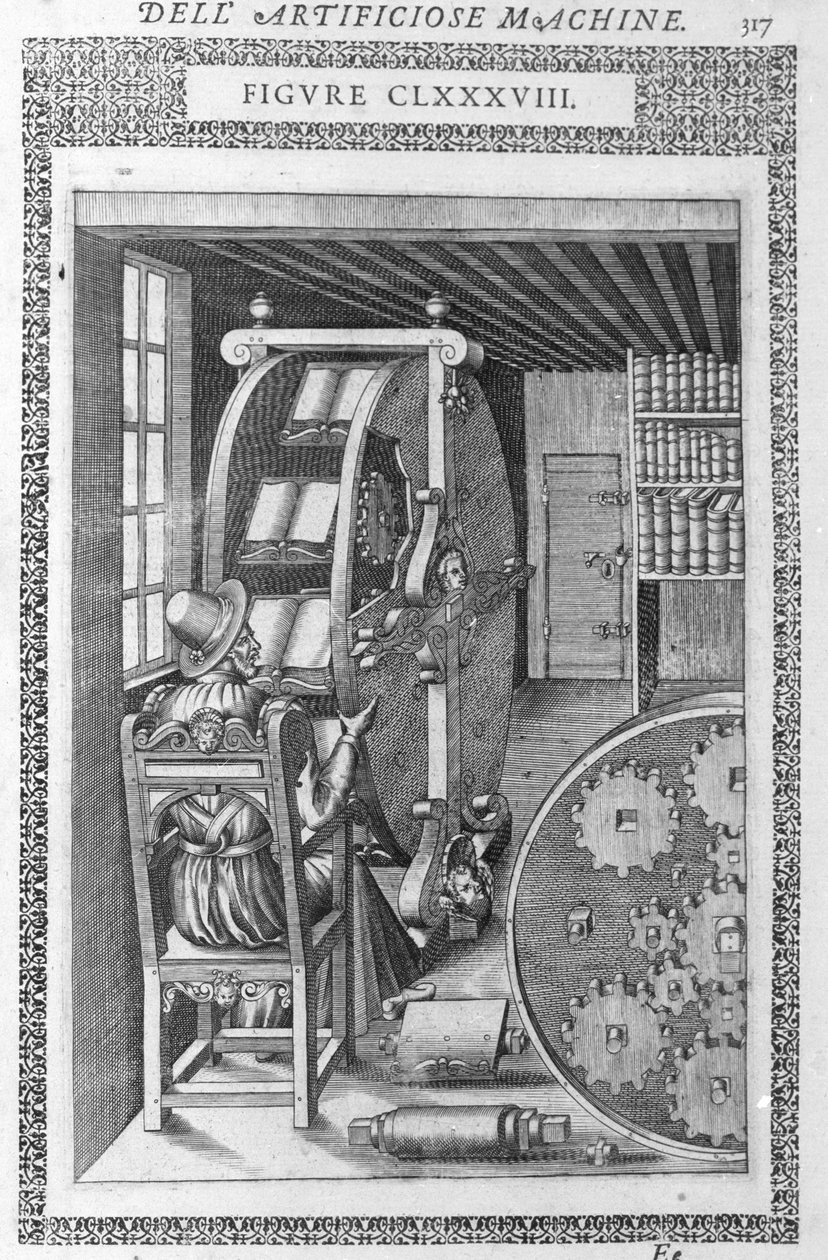 Biblioteca automática. Basado en un proyecto de Agostino Ramelli en “Diverse y Artificiose Machin” y Milán 1600 de Agostino (after) Ramelli