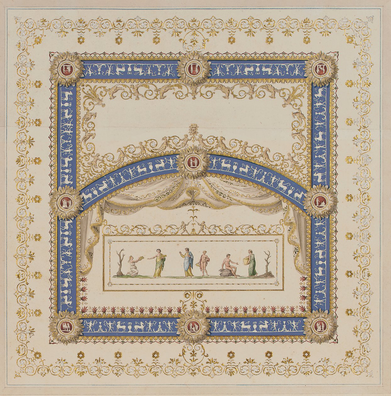 Diseños de techos a la manera antigua, con escenas centrales de los dioses en frisos de Agostino (attr.) Brunias