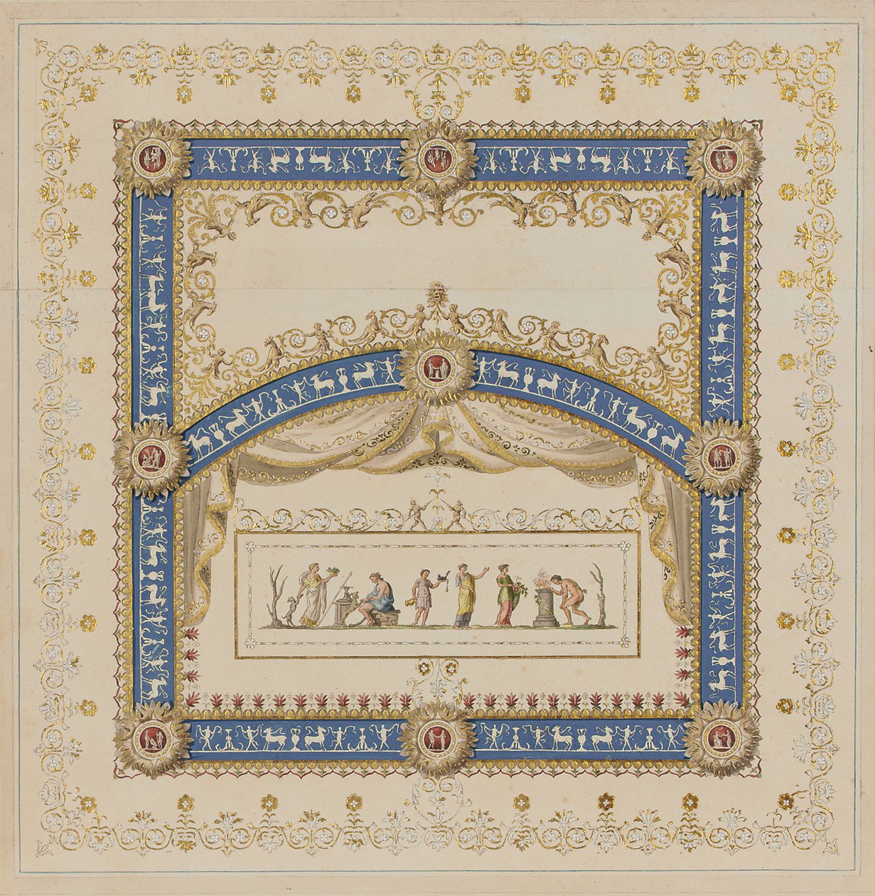 Diseños de techos a la manera antigua, con escenas centrales de los dioses en frisos de Agostino (attr.) Brunias