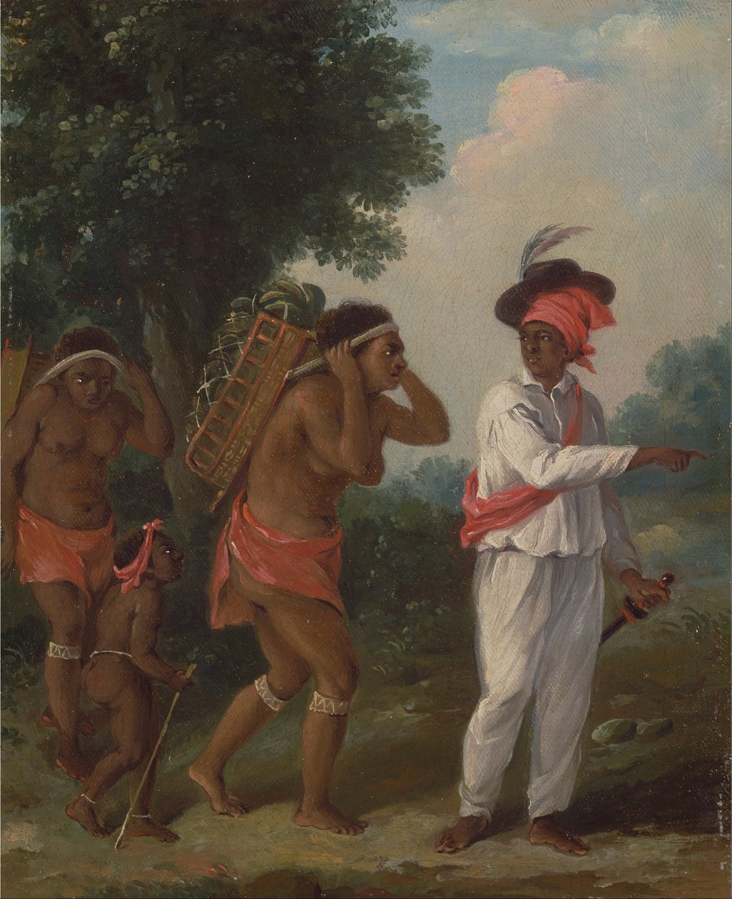 Hombre de color de las Indias Occidentales, dirigiendo a dos mujeres caribes con un niño de Agostino Brunias
