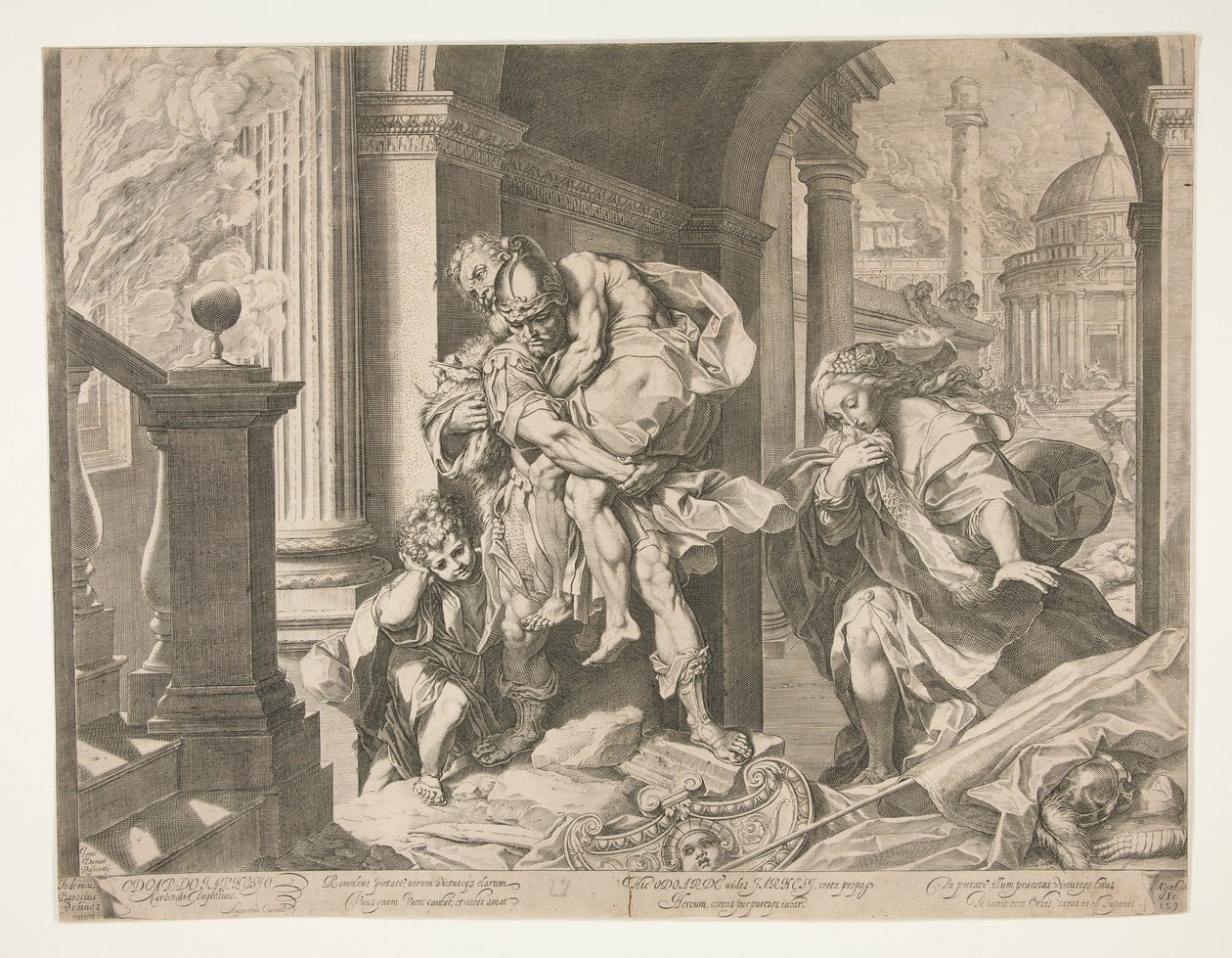 Eneas y su familia huyendo de Troya de Agostino Carracci