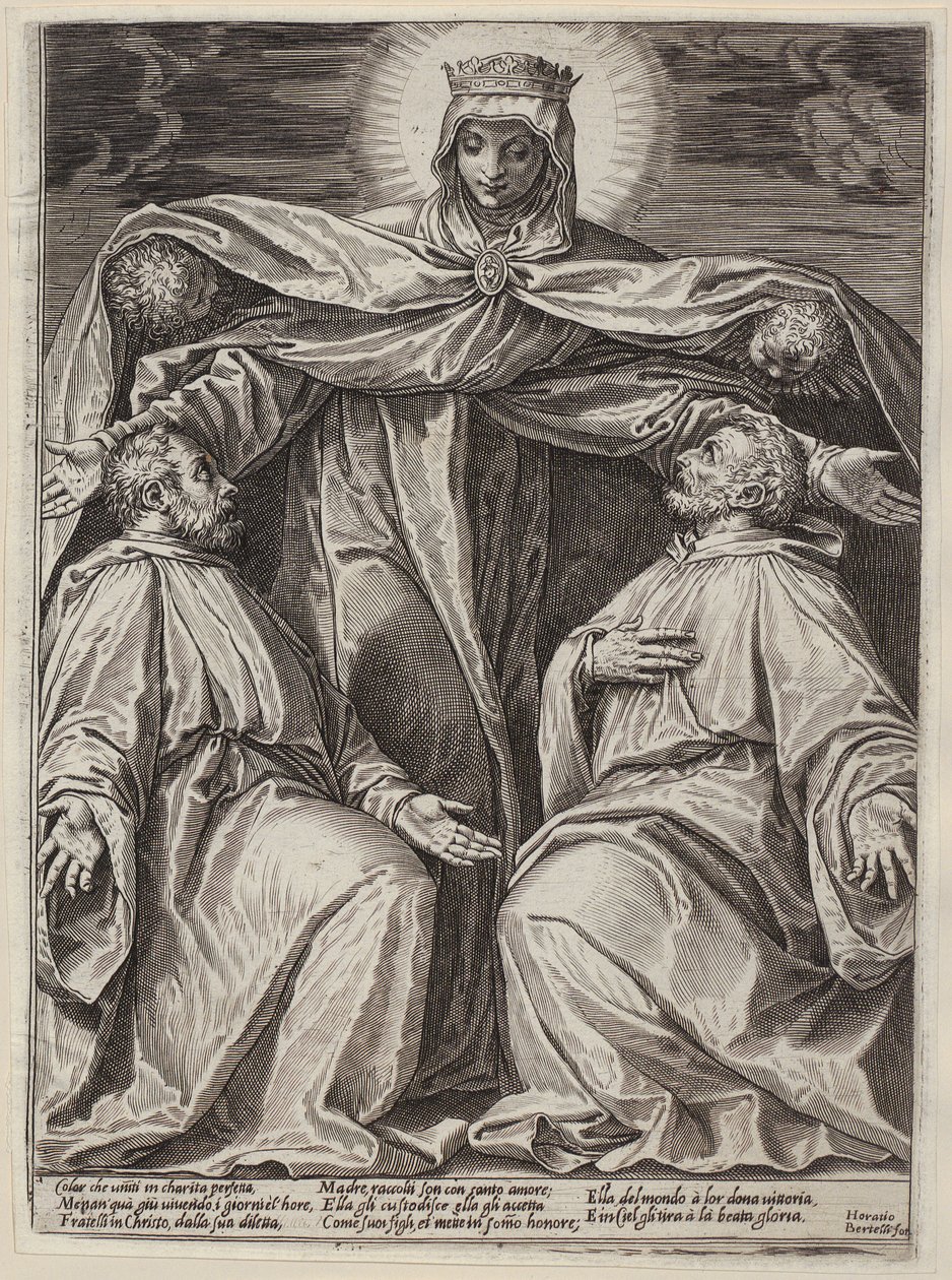 Una Virgen con manto protector y dos frailes de Agostino Carracci