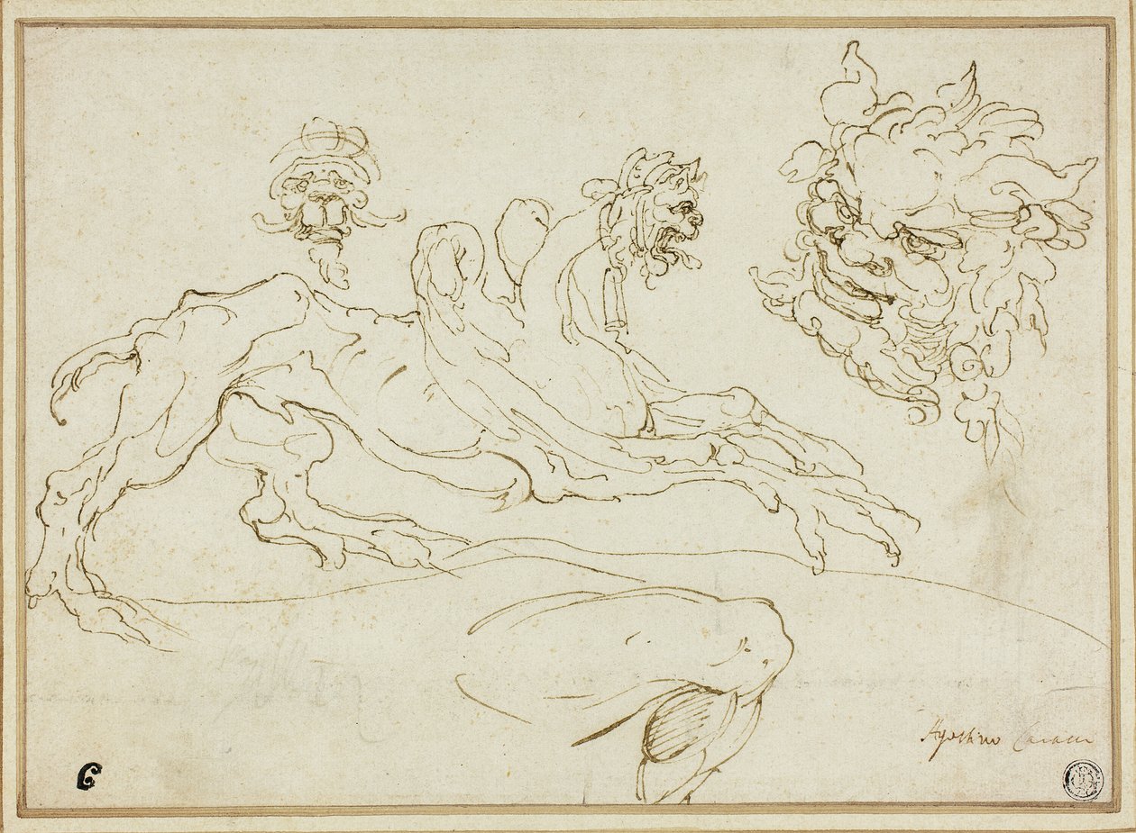 Cuatro bocetos: Grifo, Cabeza grotesca, Cabeza de sátiro, Pierna doblada de Agostino Carracci
