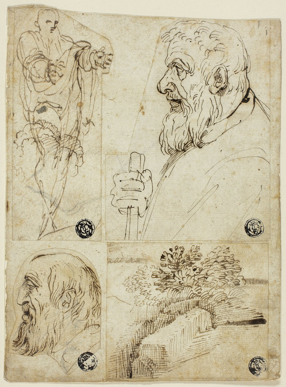 Cuatro bocetos: Figura masculina de pie; Busto de perfil de hombre barbudo; Cabeza de perfil de hombre barbudo; Paisaje de Agostino Carracci