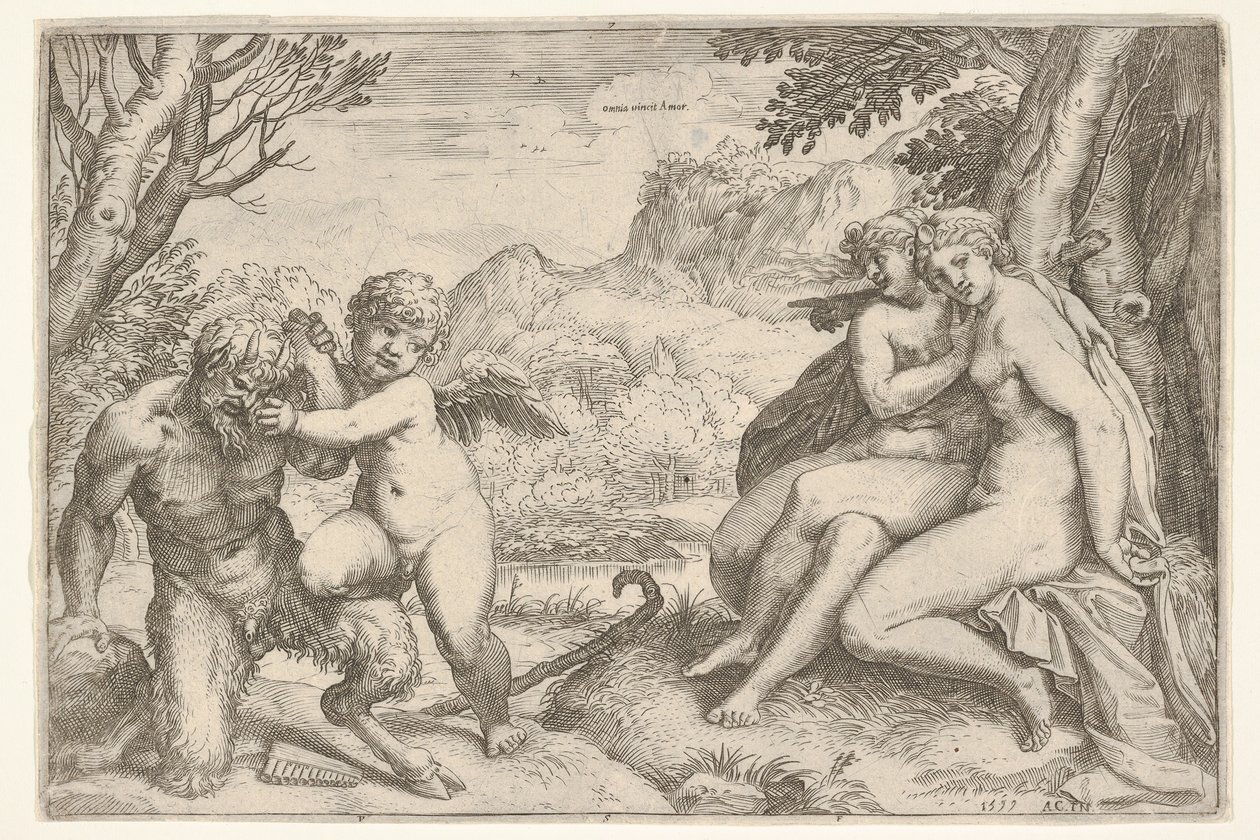 El amor todo lo vence Omnia vincit Amor, en una lucha con un sátiro Amor coloca su mano derecha (detalle) de Agostino Carracci