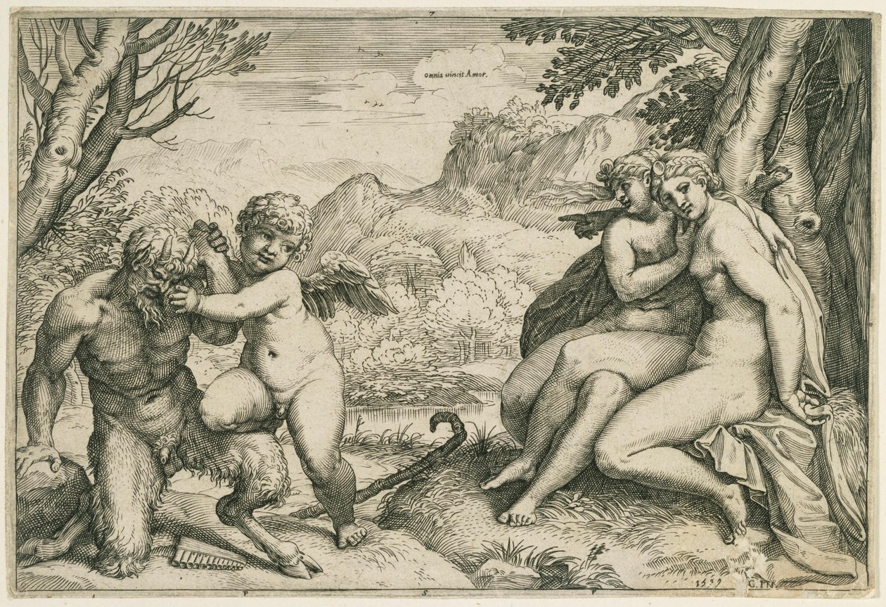 Omnia vincit Amor (Amor vence a Pan; a la derecha, dos ninfas bajo un árbol, en un paisaje) de Agostino Carracci