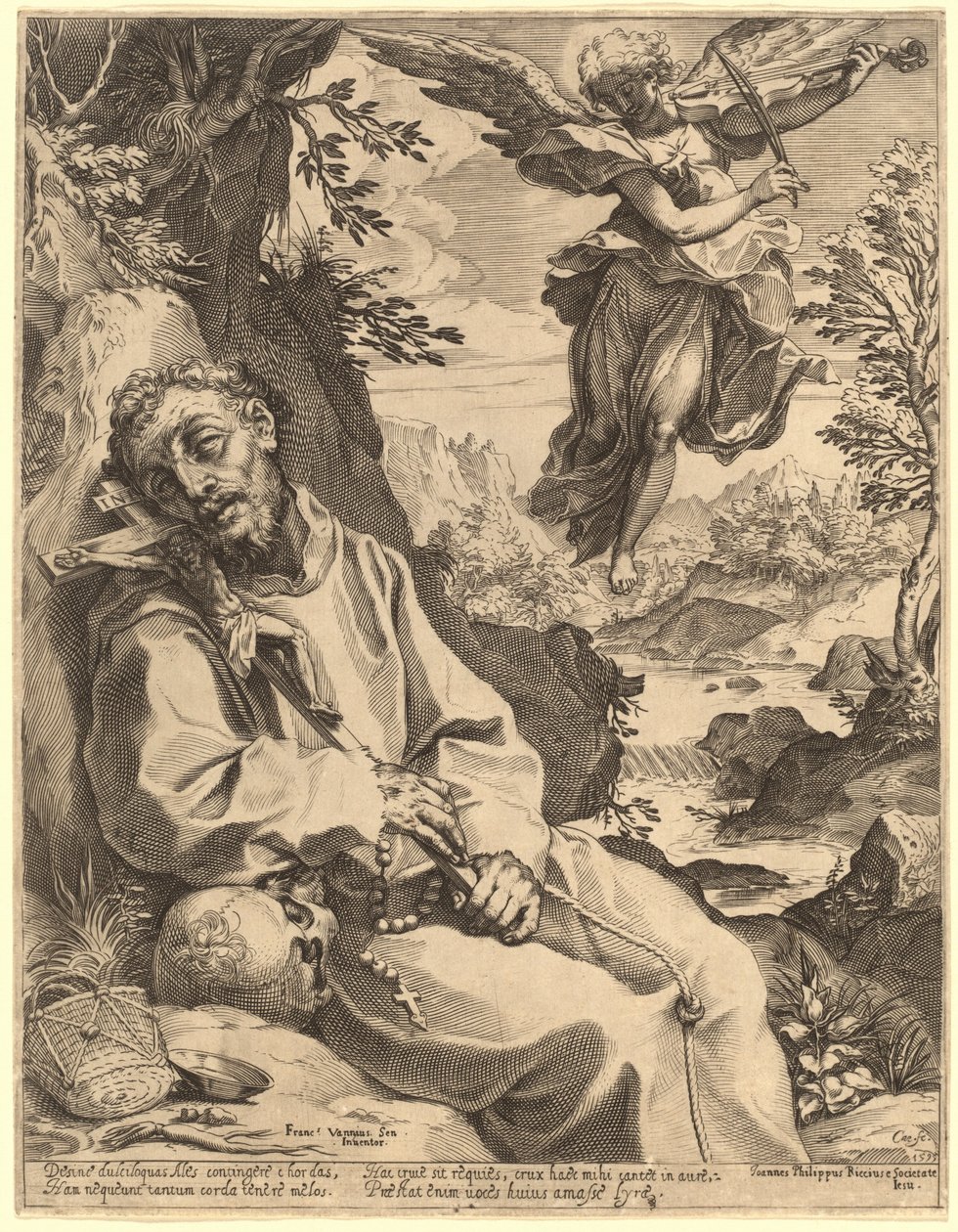 San Francisco consolado por el ángel músico de Agostino Carracci