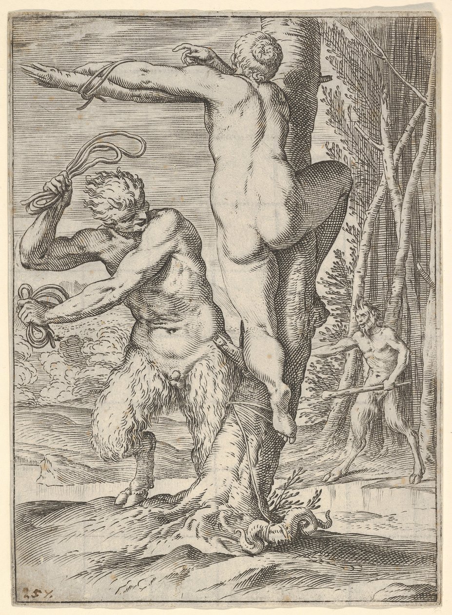 Sátiro azotando a una ninfa, que se muestra de espaldas y atada a un árbol, un segundo sátiro de Agostino Carracci
