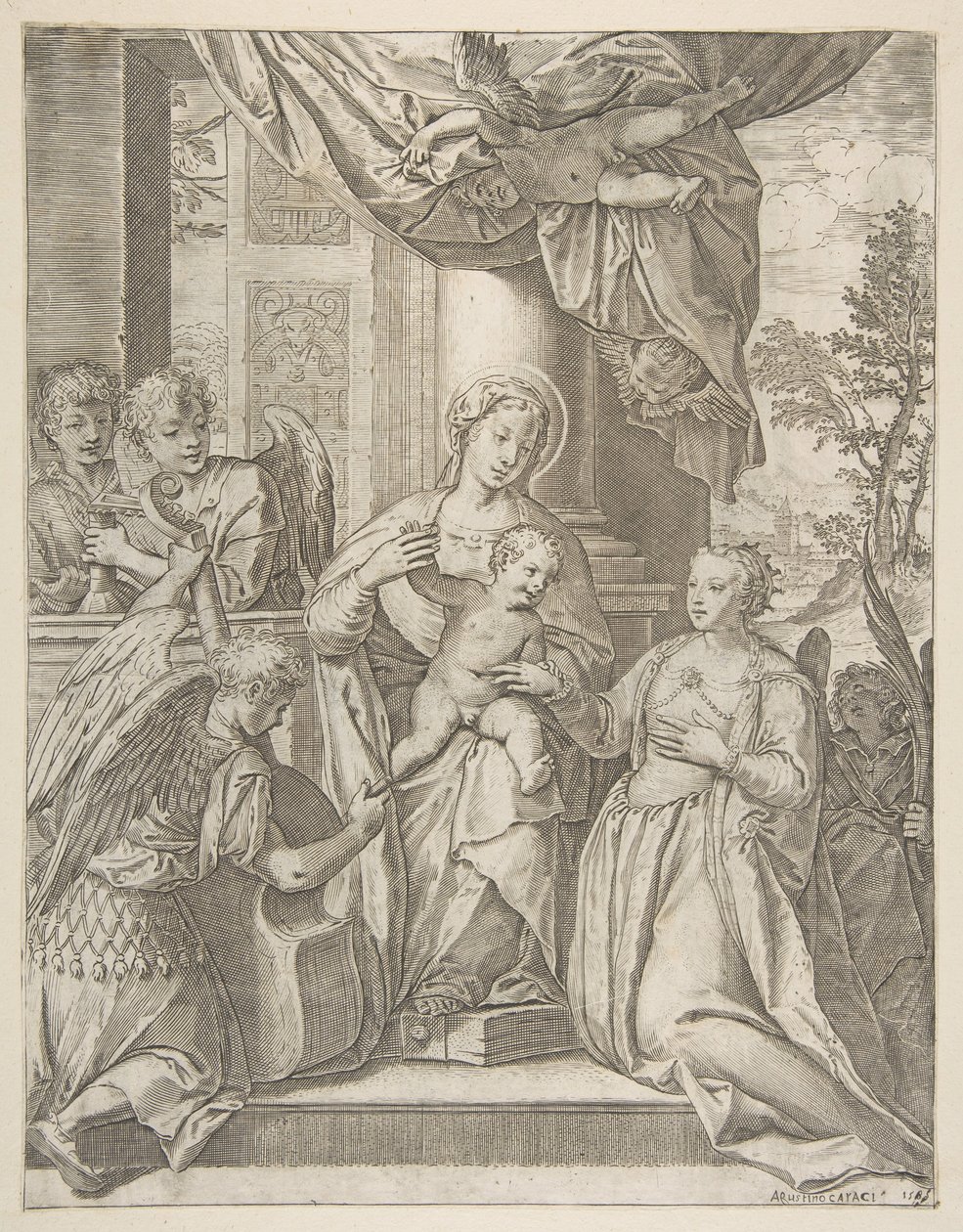 El matrimonio místico de Santa Catalina que se sienta en el centro con el niño Cristo, ángeles... de Agostino Carracci