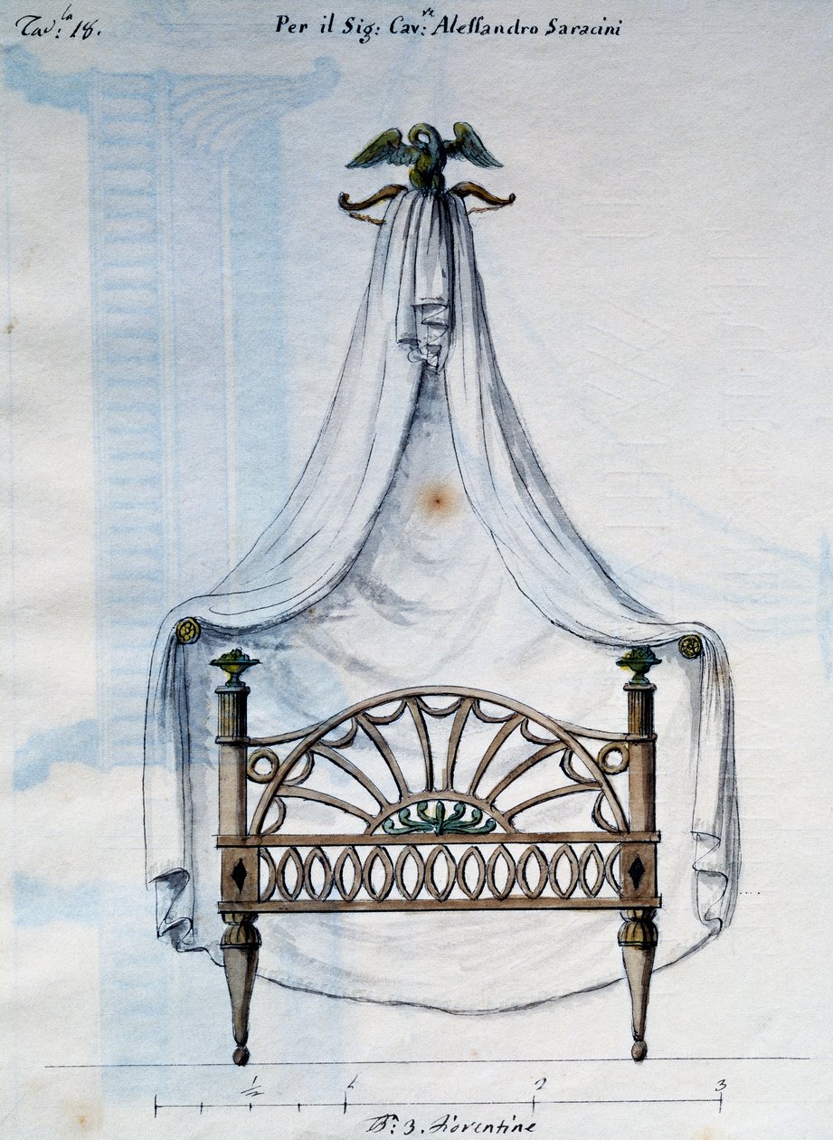 Cama con dosel para Alexander Saracens, de Lavori di falegname e Fabbro ideati e disegnati da me Agostino Fantastici (Obras de carpintero y cerrajero concebidas y diseñadas por mí Agostino Fantastici), manuscrito 3, lámina 18 (1782-1845) de Agostino Fantastici