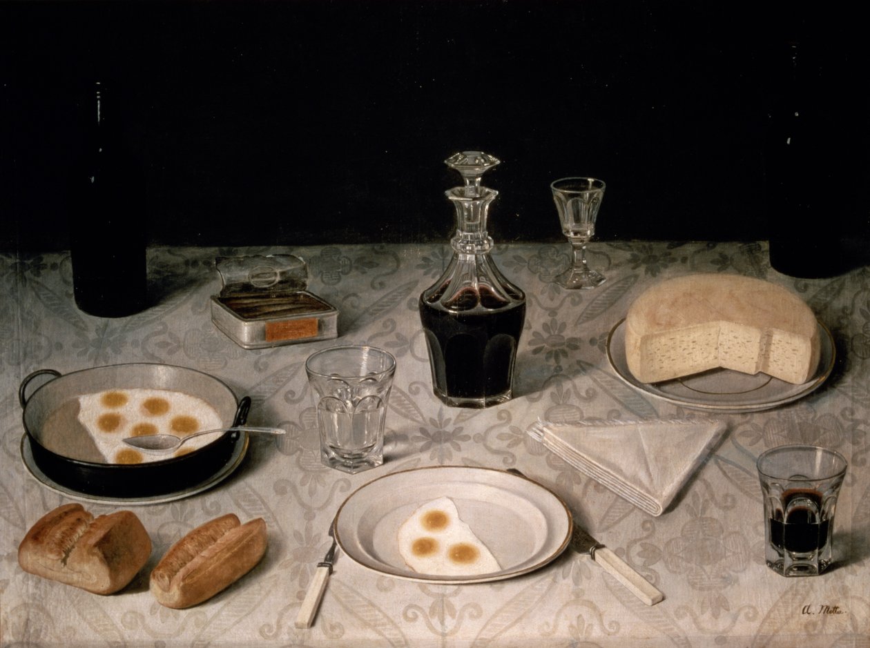 Naturaleza muerta con huevos, pan, queso y vino (óleo sobre lienzo) de Agostino Jose da Mota