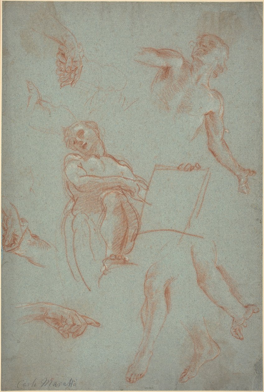 Hoja de estudios con figuras, manos y pies de Agostino Masucci