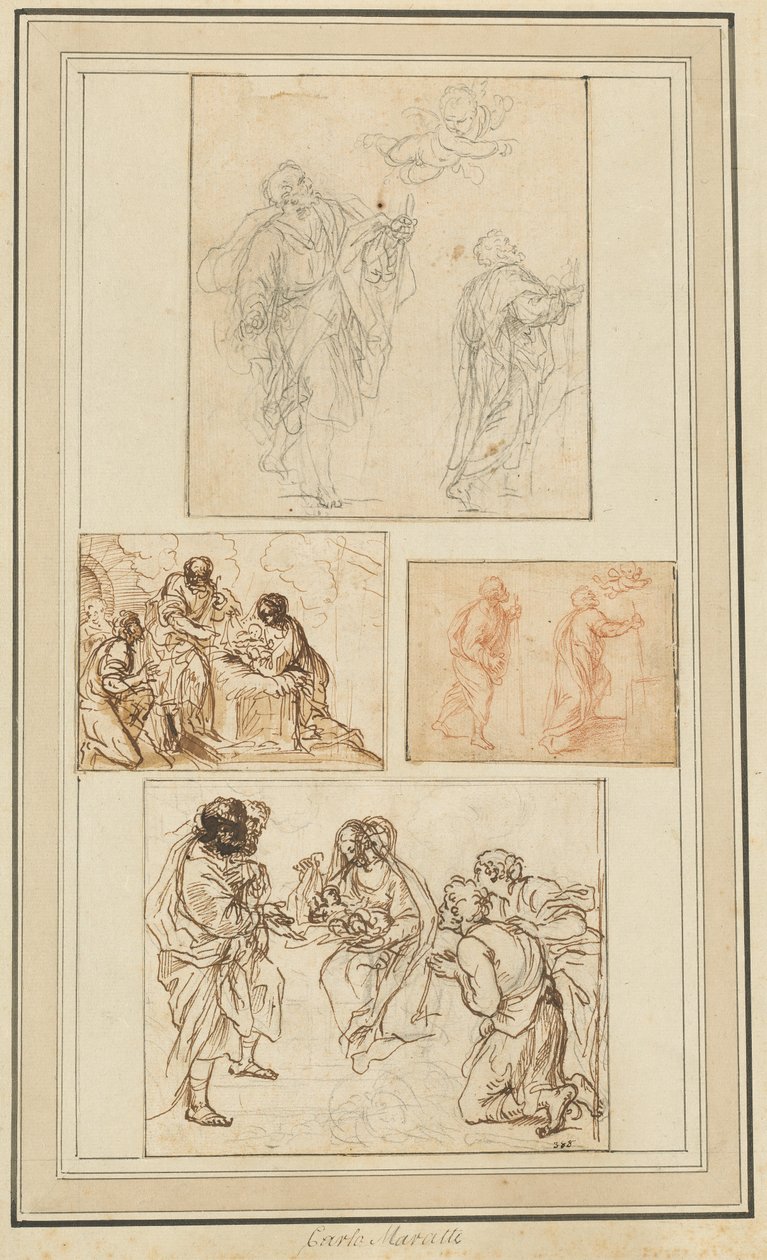 Estudios de un apóstol guiado por un ángel y la adoración de los pastores de Agostino Masucci