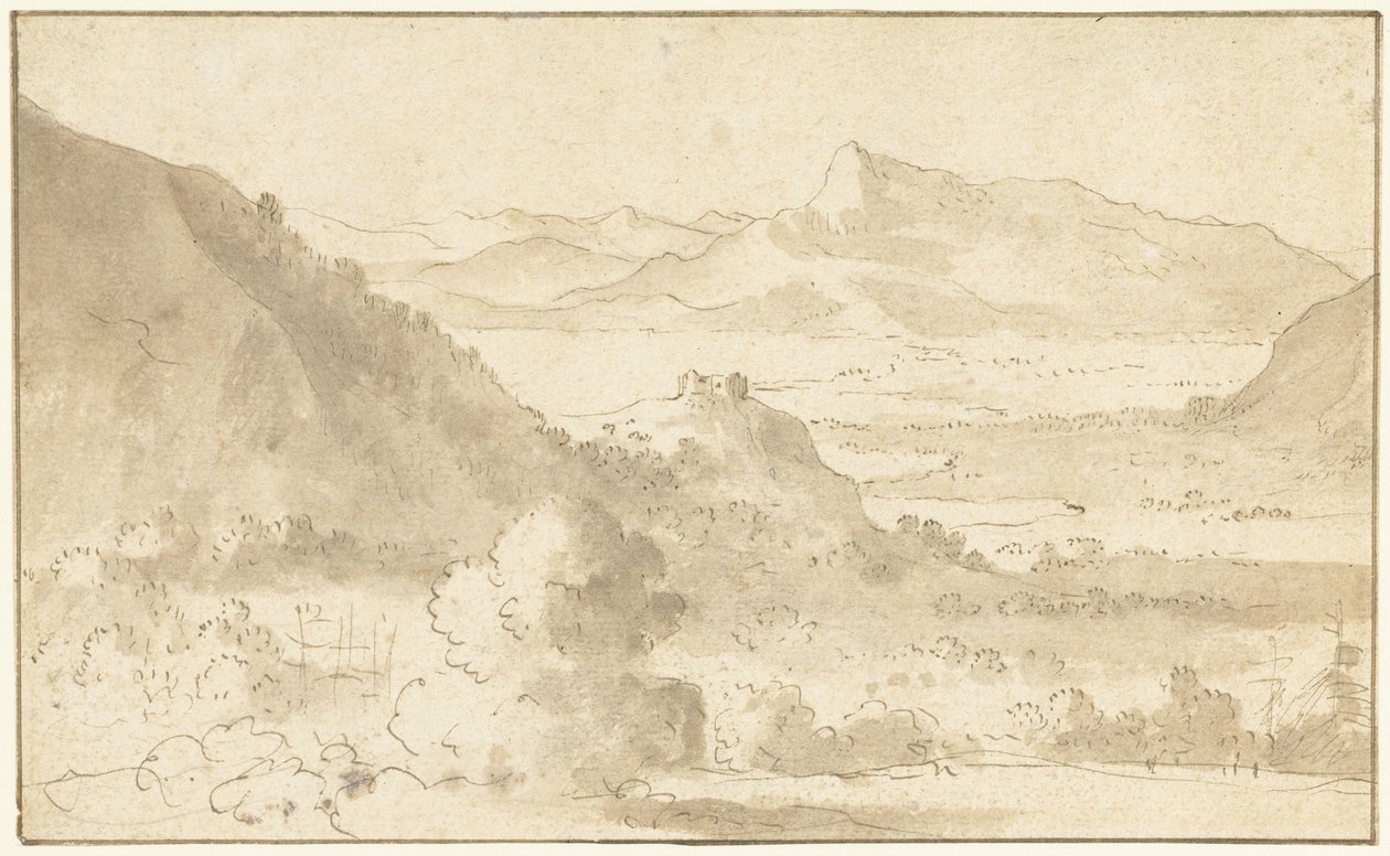 Paisaje de montaña con un lago y un castillo de Agostino Tassi (possibly)