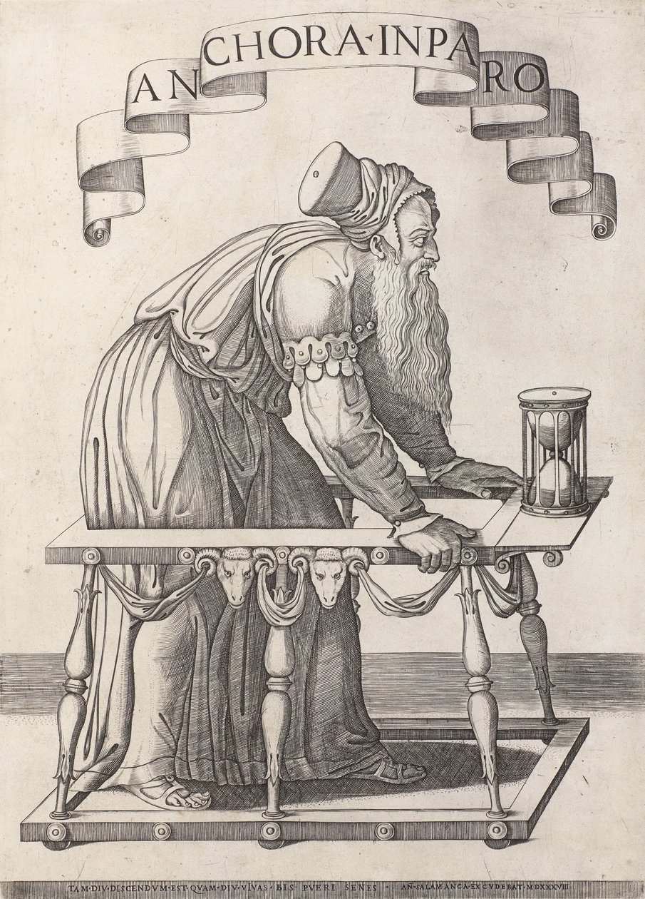 Alegoría de la vejez Anchora inparo (título sobre objeto) de Agostino Veneziano (attributed to)